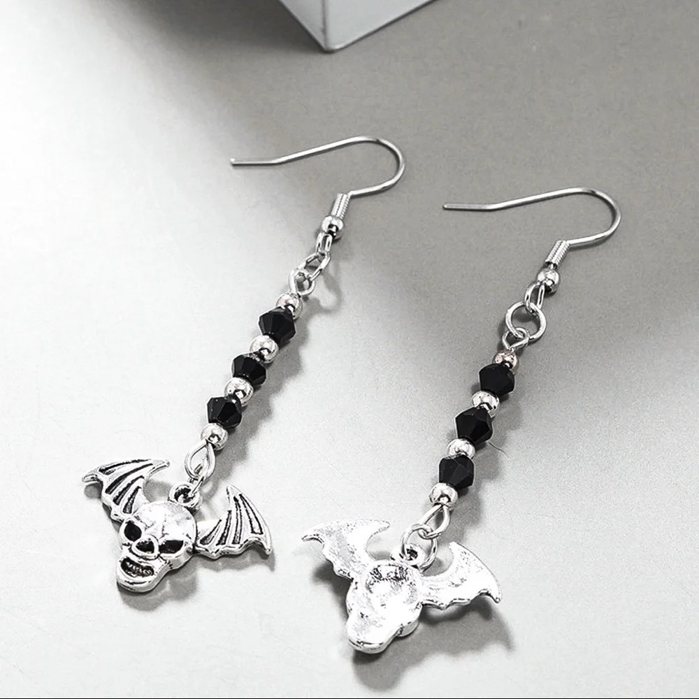 Silver/Black Winged Skull Drop Earrings